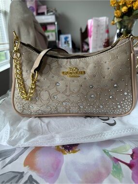 Coach Beige Crystal-Studded Signature Mini Shoulder Bag with Gold Chain